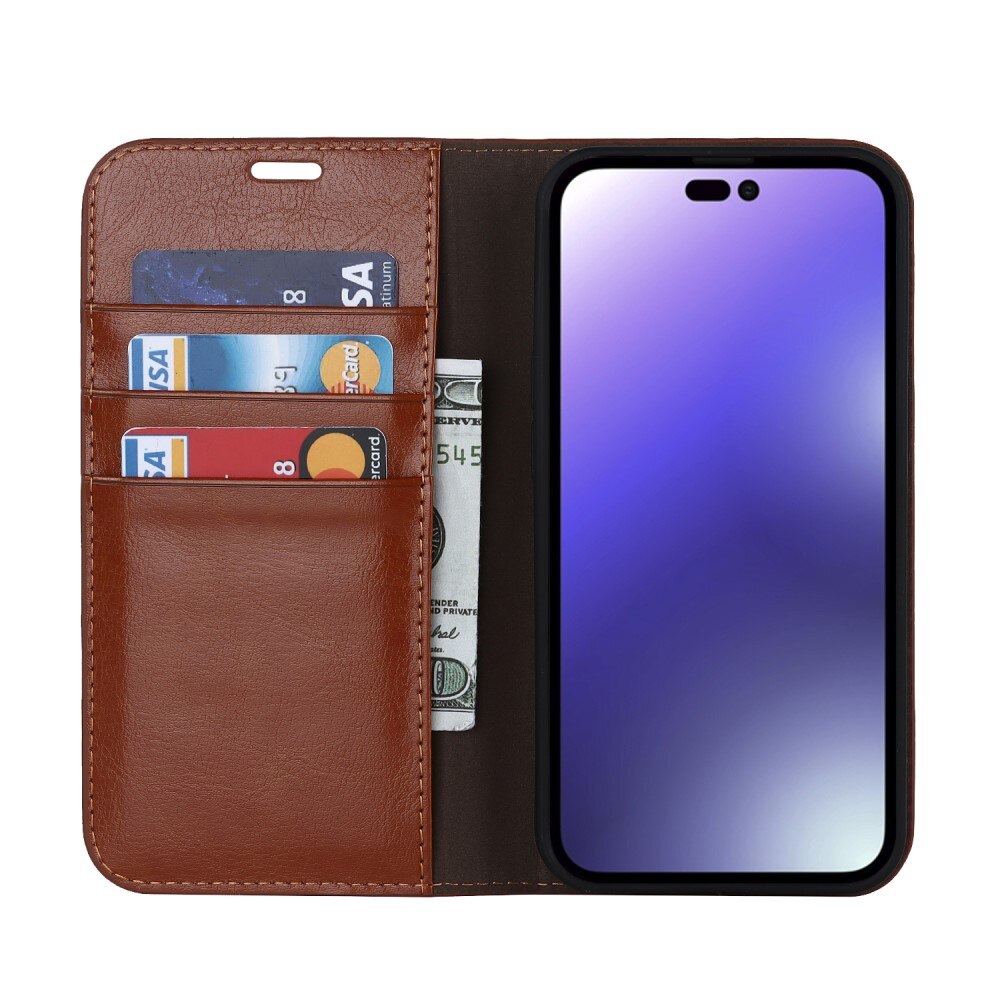 Coque portefeuille en cuir Veritable iPhone 15 Pro Max, Marron