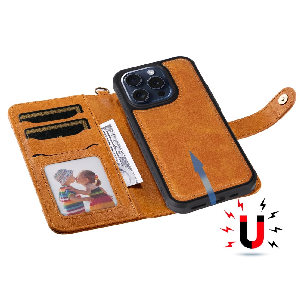 Magnet Leather Wallet iPhone 15 Pro, Cognac