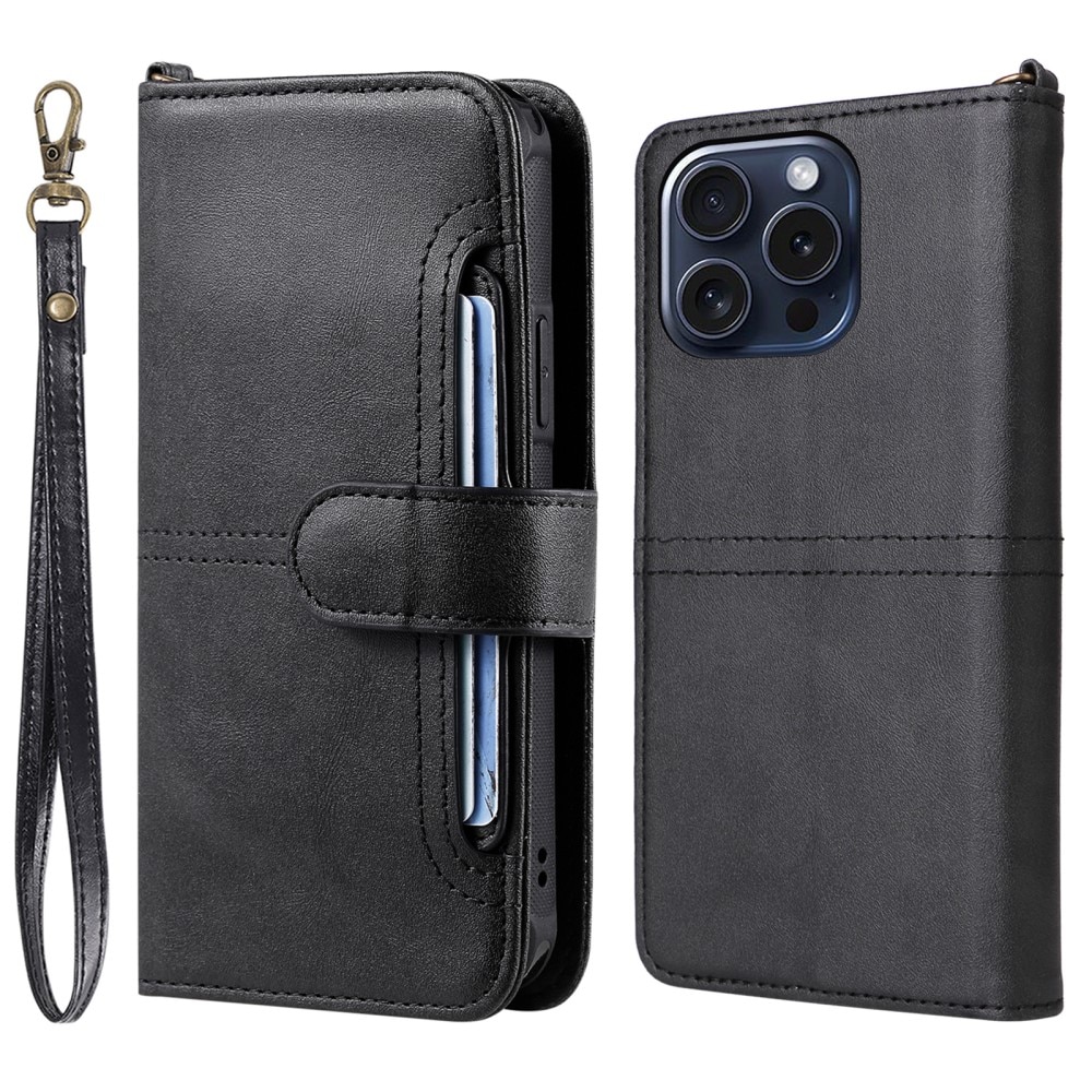 Magnet Leather Wallet iPhone 15 Pro, noir