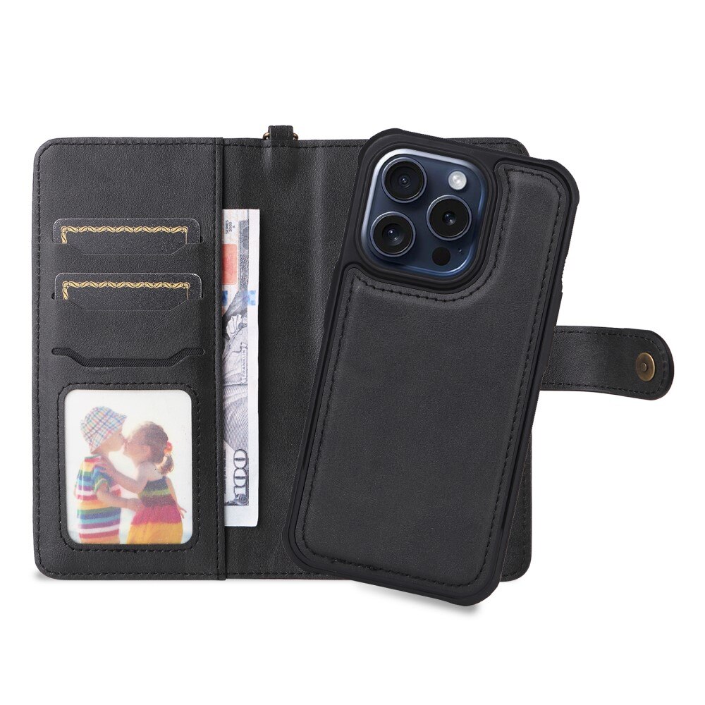 Magnet Leather Wallet iPhone 15 Pro, noir