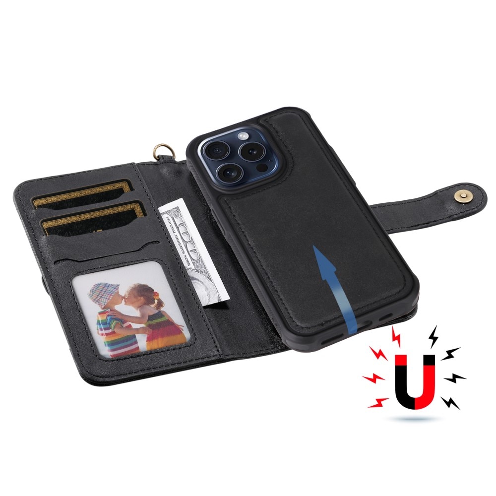 Magnet Leather Wallet iPhone 15 Pro, noir