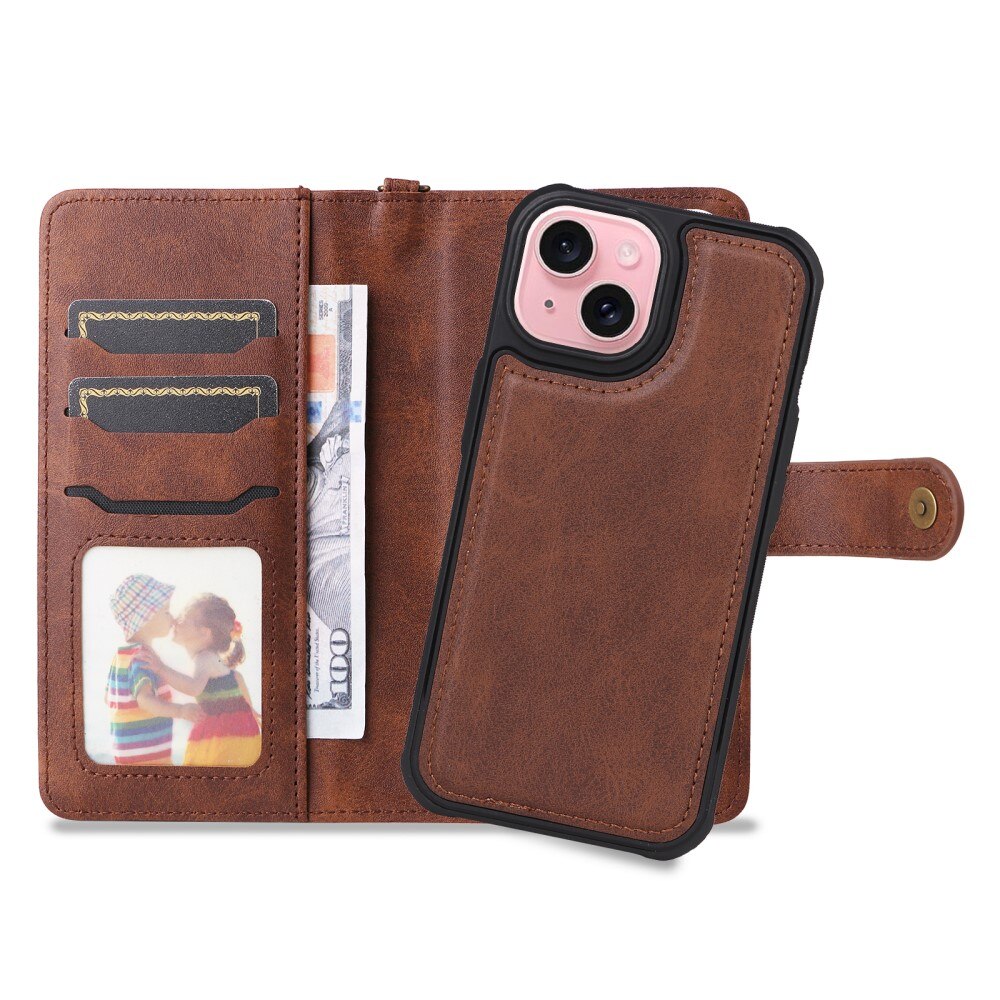 Magnet Leather Wallet iPhone 15, marron