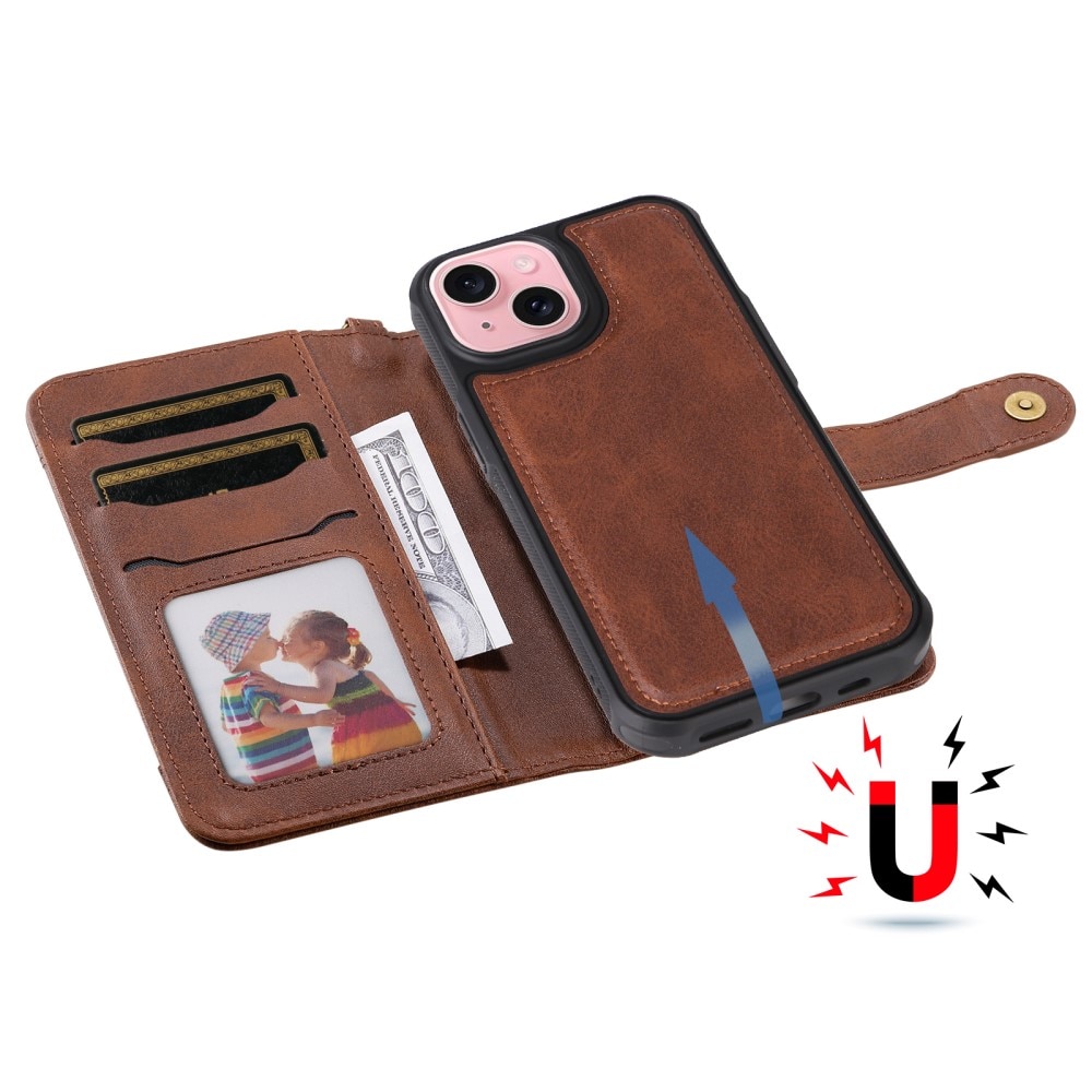 Magnet Leather Wallet iPhone 15, marron