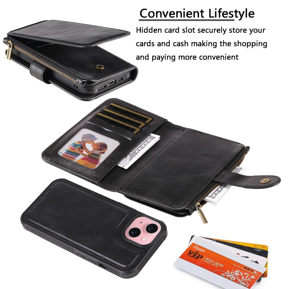 Magnet Leather Multi Wallet iPhone 15, noir