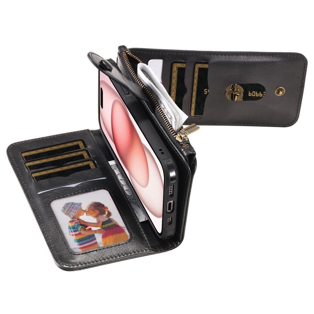 Magnet Leather Multi Wallet iPhone 15, noir