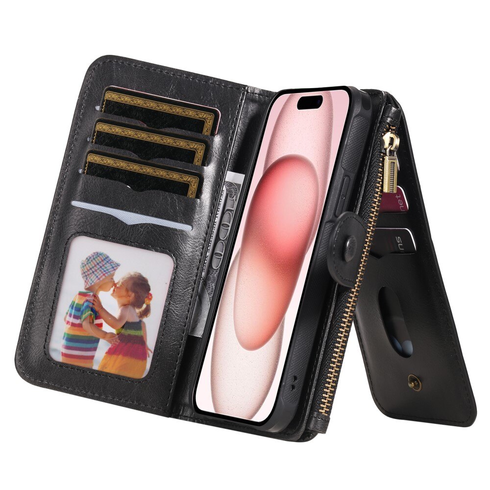 Magnet Leather Multi Wallet iPhone 15, noir