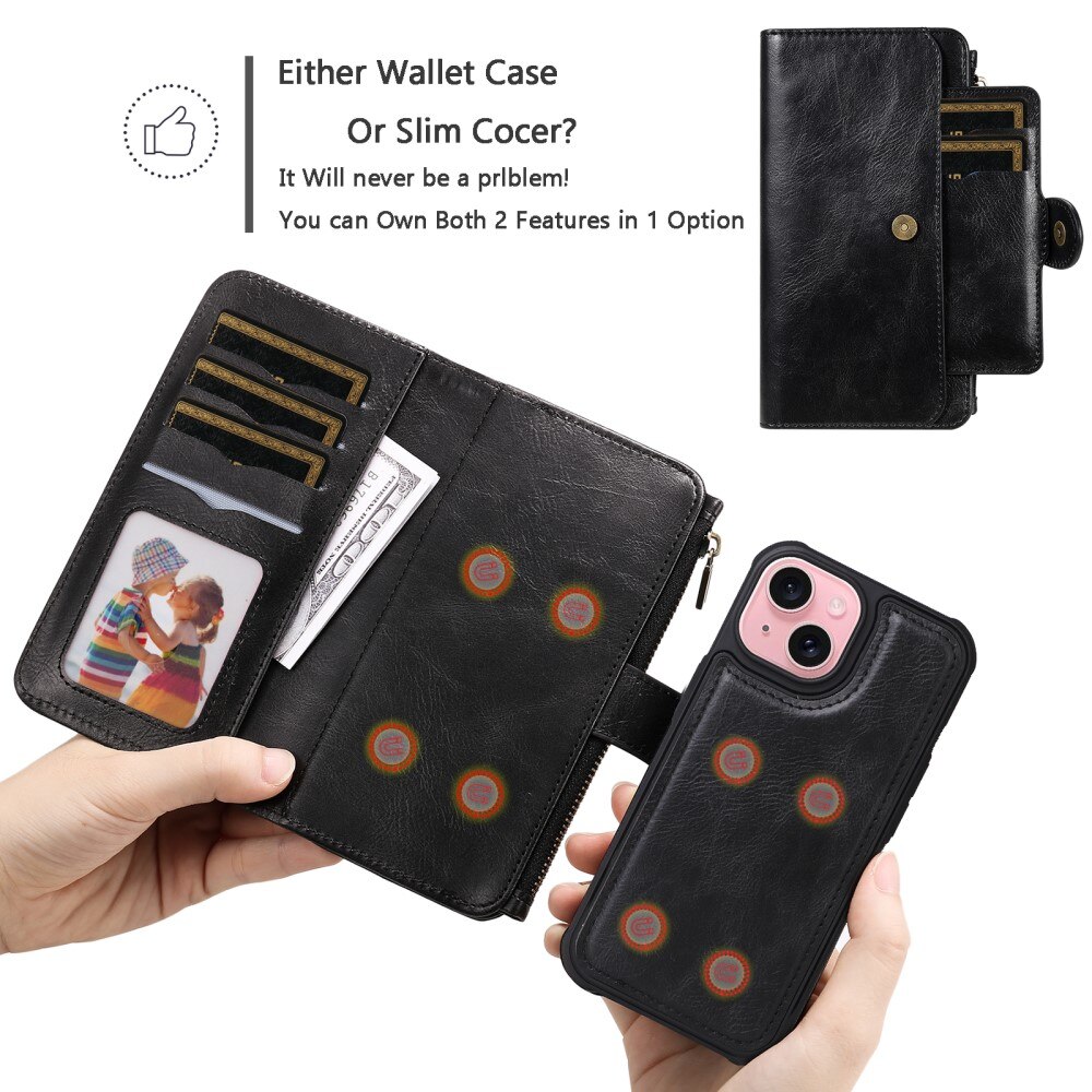 Magnet Leather Multi Wallet iPhone 15, noir