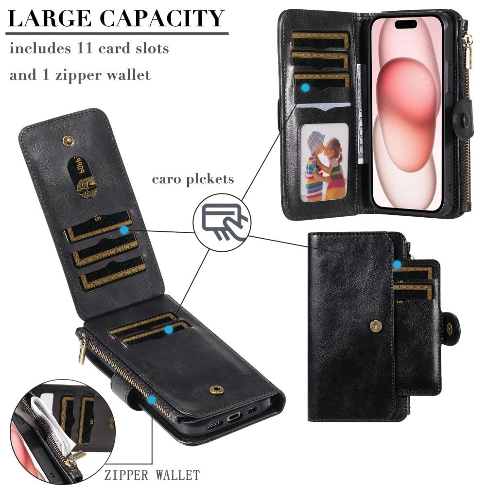 Magnet Leather Multi Wallet iPhone 15, noir