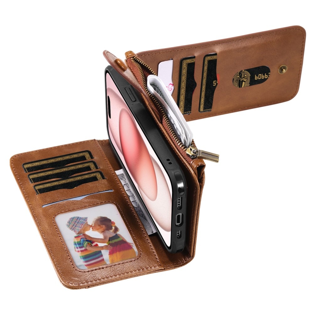 Magnet Leather Multi Wallet iPhone 15, marron