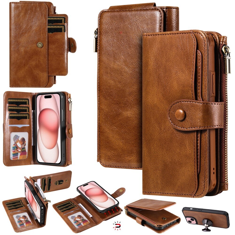 Magnet Leather Multi Wallet iPhone 15, marron