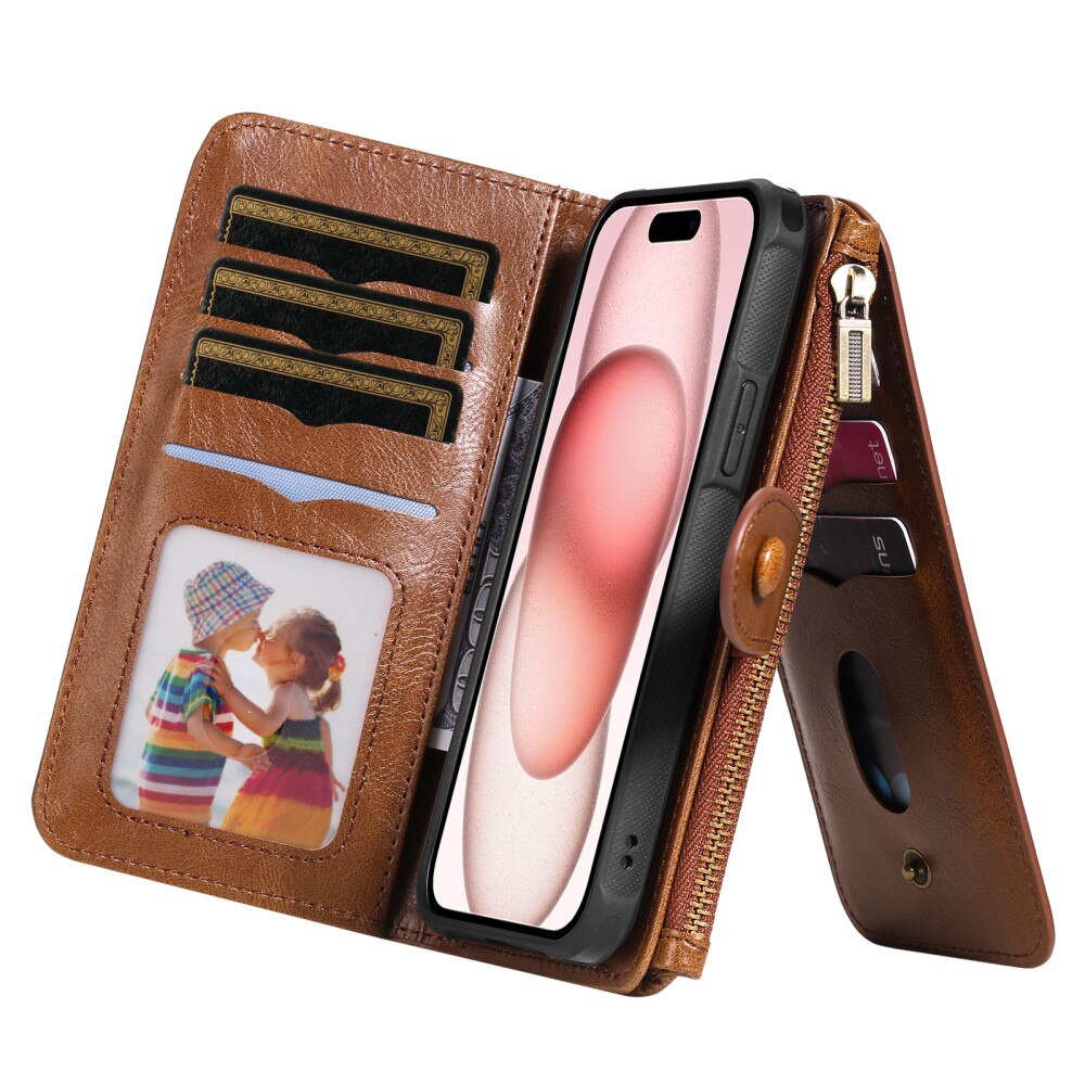 Magnet Leather Multi Wallet iPhone 15, marron