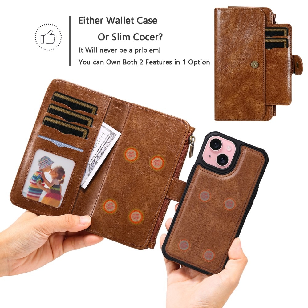 Magnet Leather Multi Wallet iPhone 15, marron