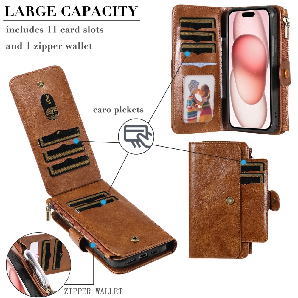 Magnet Leather Multi Wallet iPhone 15, marron