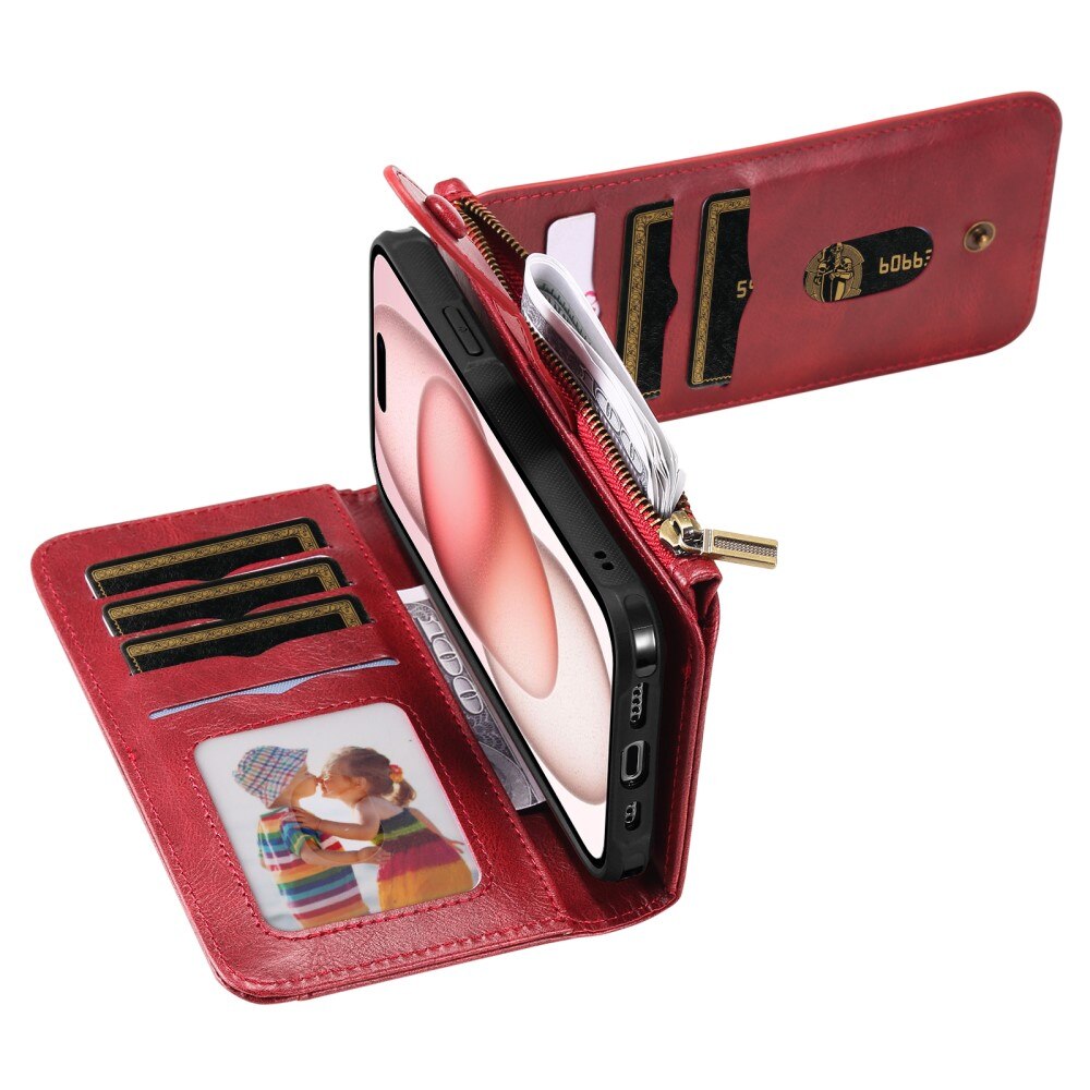 Magnet Leather Multi Wallet iPhone 15, rouge