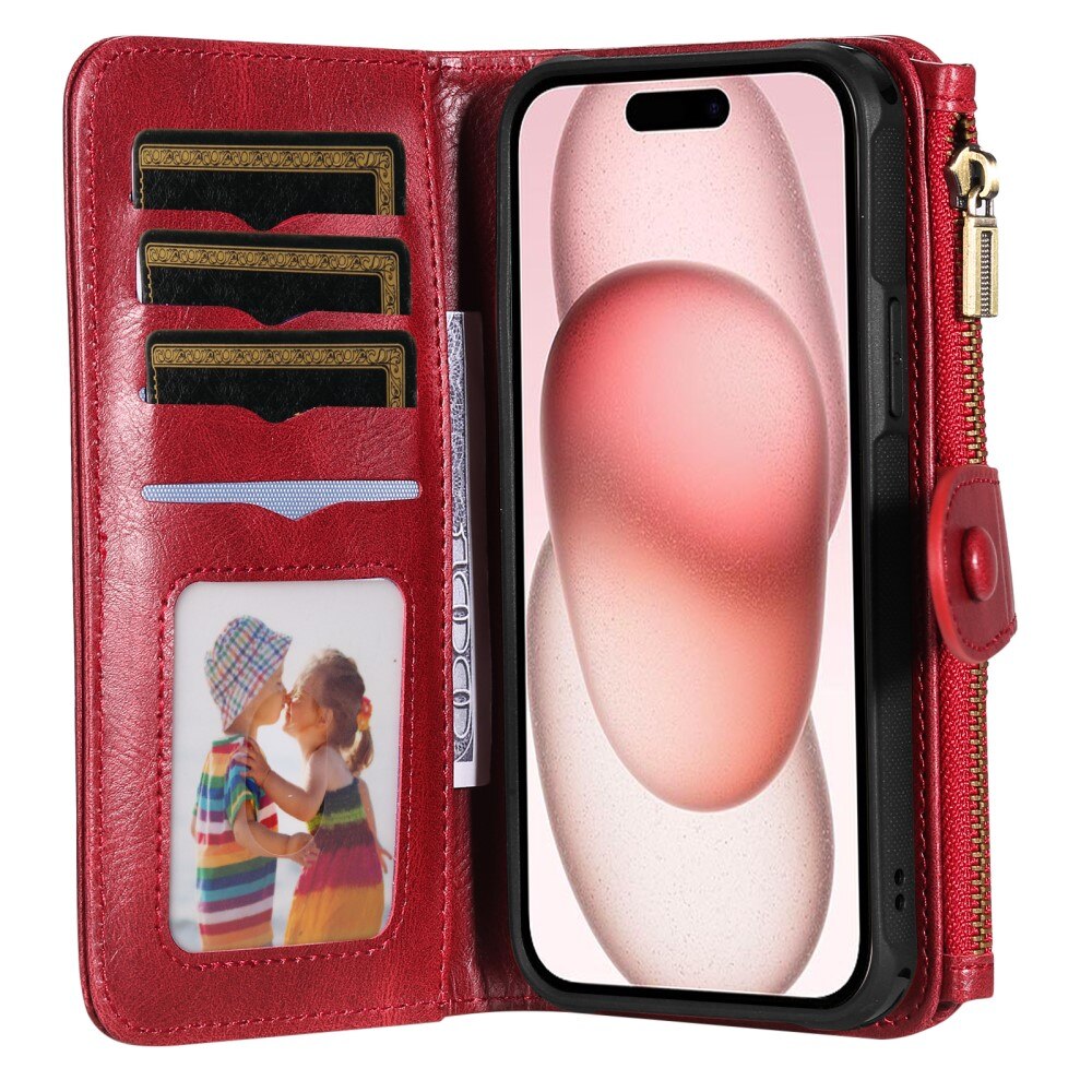 Magnet Leather Multi Wallet iPhone 15, rouge