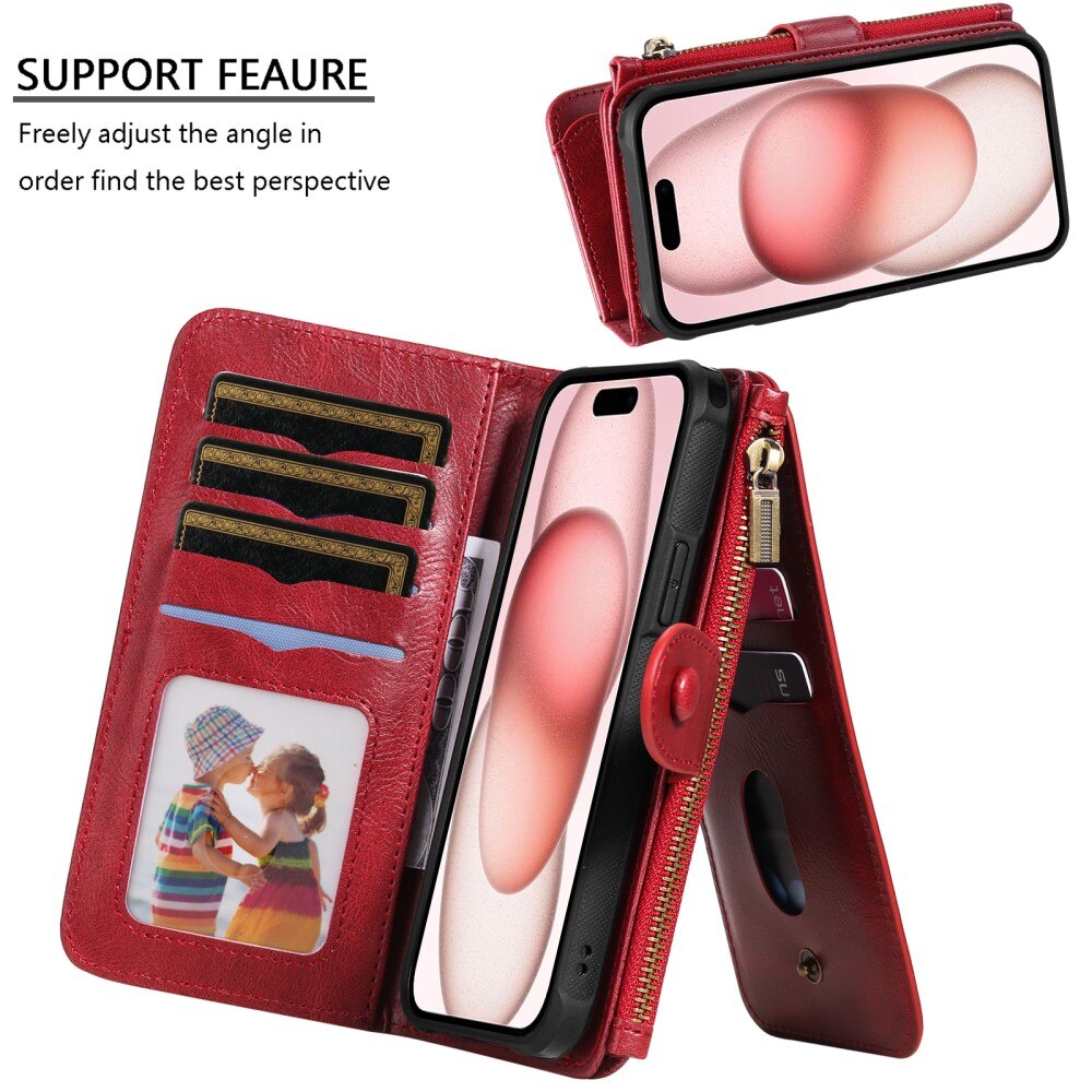 Magnet Leather Multi Wallet iPhone 15, rouge