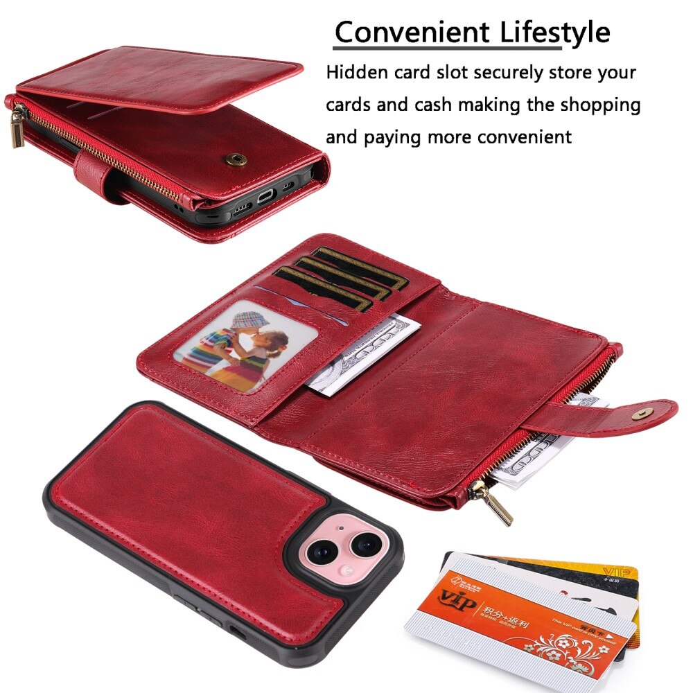 Magnet Leather Multi Wallet iPhone 15, rouge