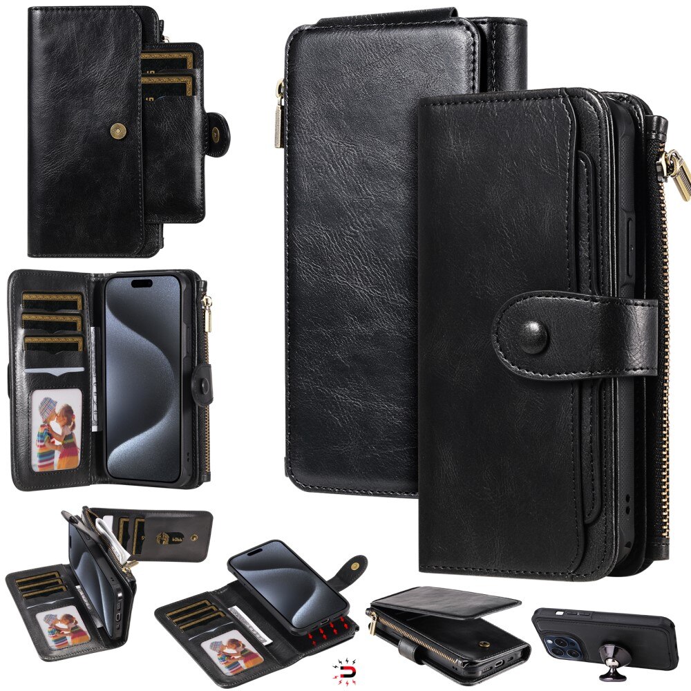 Magnet Leather Multi Wallet iPhone 15 Pro, noir