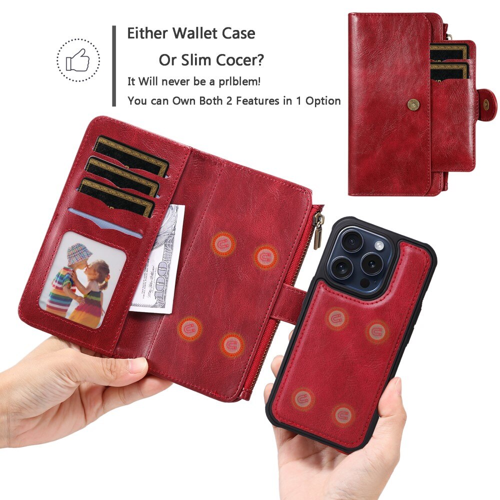 Magnet Leather Multi Wallet iPhone 15 Pro, rouge