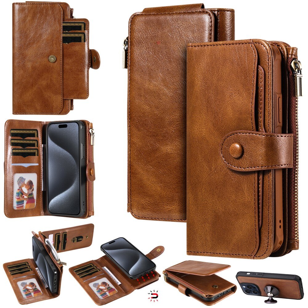 Magnet Leather Multi Wallet iPhone 15 Pro, marron