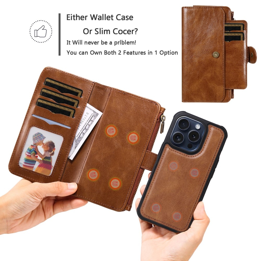 Magnet Leather Multi Wallet iPhone 15 Pro, marron