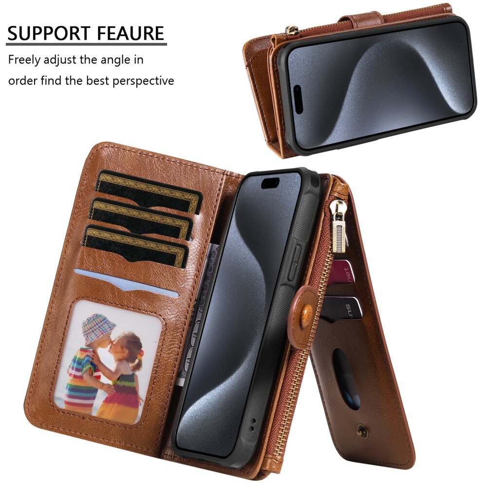 Magnet Leather Multi Wallet iPhone 15 Pro, marron