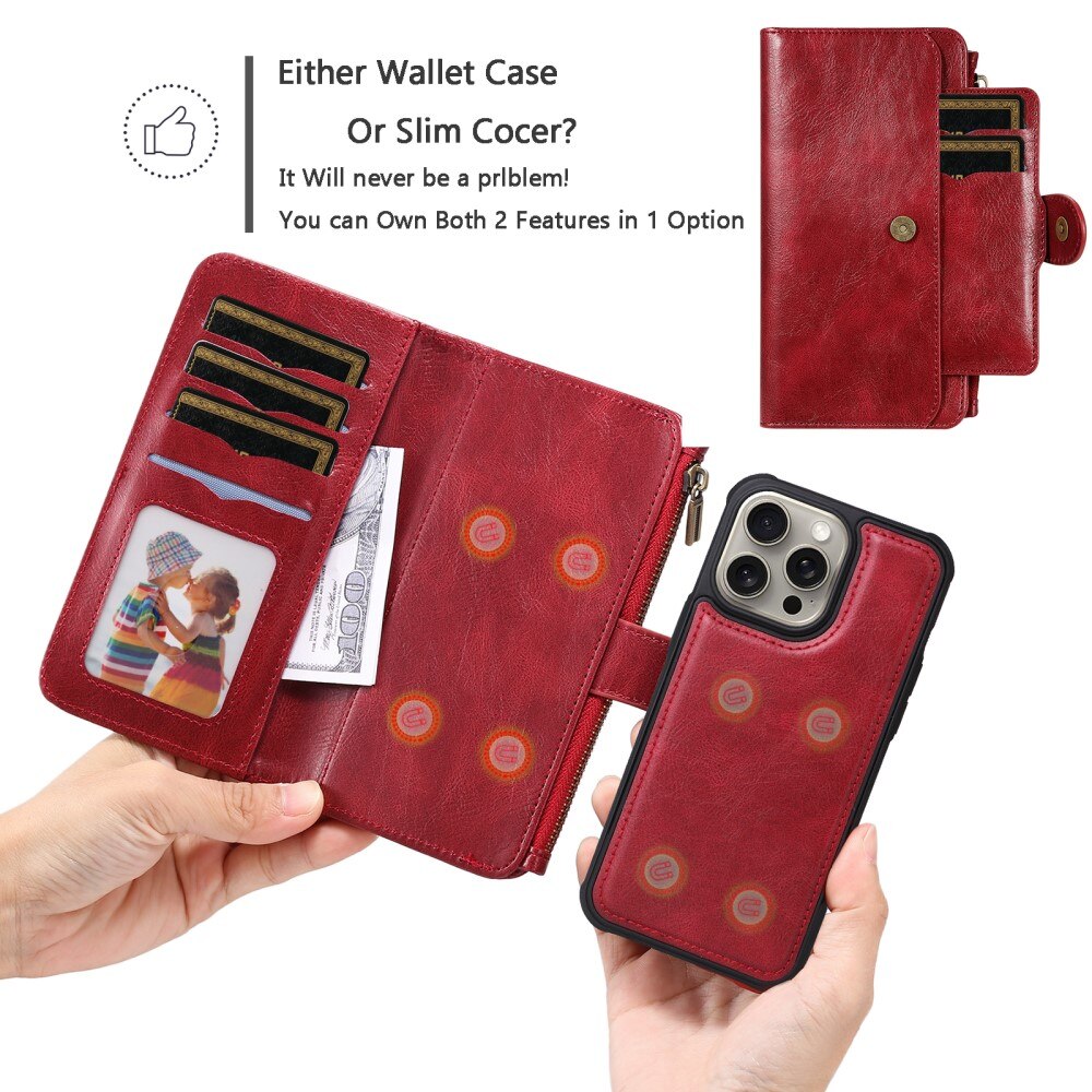 Magnet Leather Multi Wallet iPhone 15 Pro Max, rouge