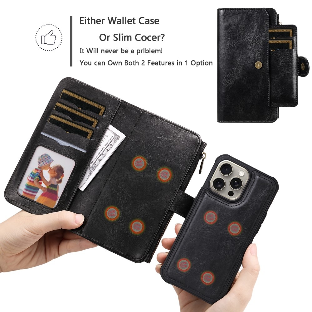 Magnet Leather Multi Wallet iPhone 15 Pro Max, noir