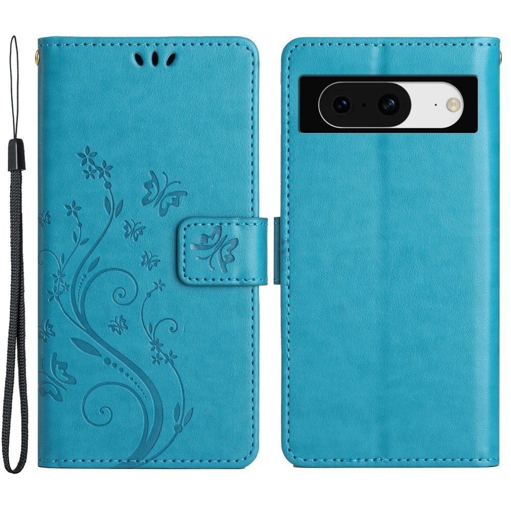 Étui en cuir à papillons pour Google Pixel 8, Bleu