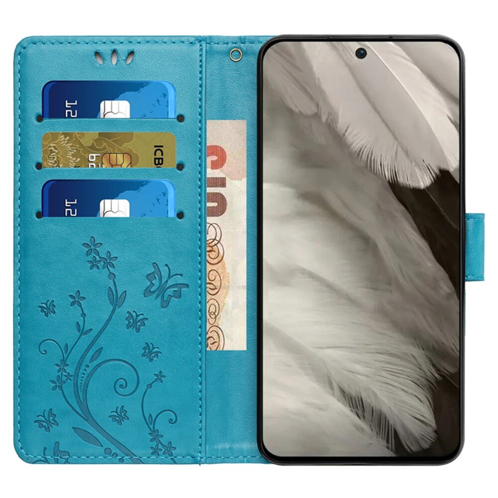 Étui en cuir à papillons pour Google Pixel 8, Bleu