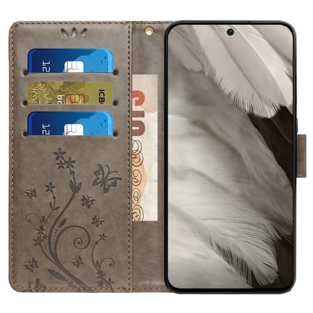 Étui en cuir à papillons pour Google Pixel 8, Gris