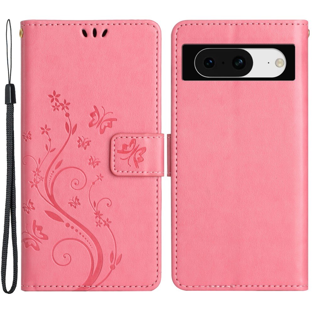 Étui en cuir à papillons pour Google Pixel 8, Rose