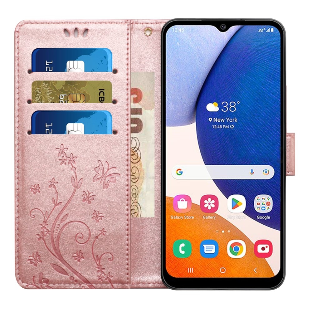 Étui en cuir à papillons pour Samsung Galaxy A15, rose doré