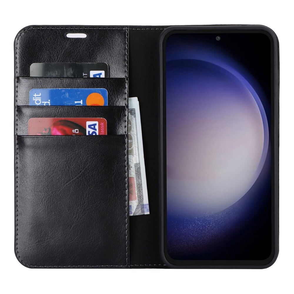 Coque portefeuille en cuir Veritable Samsung Galaxy S23 FE, Noir