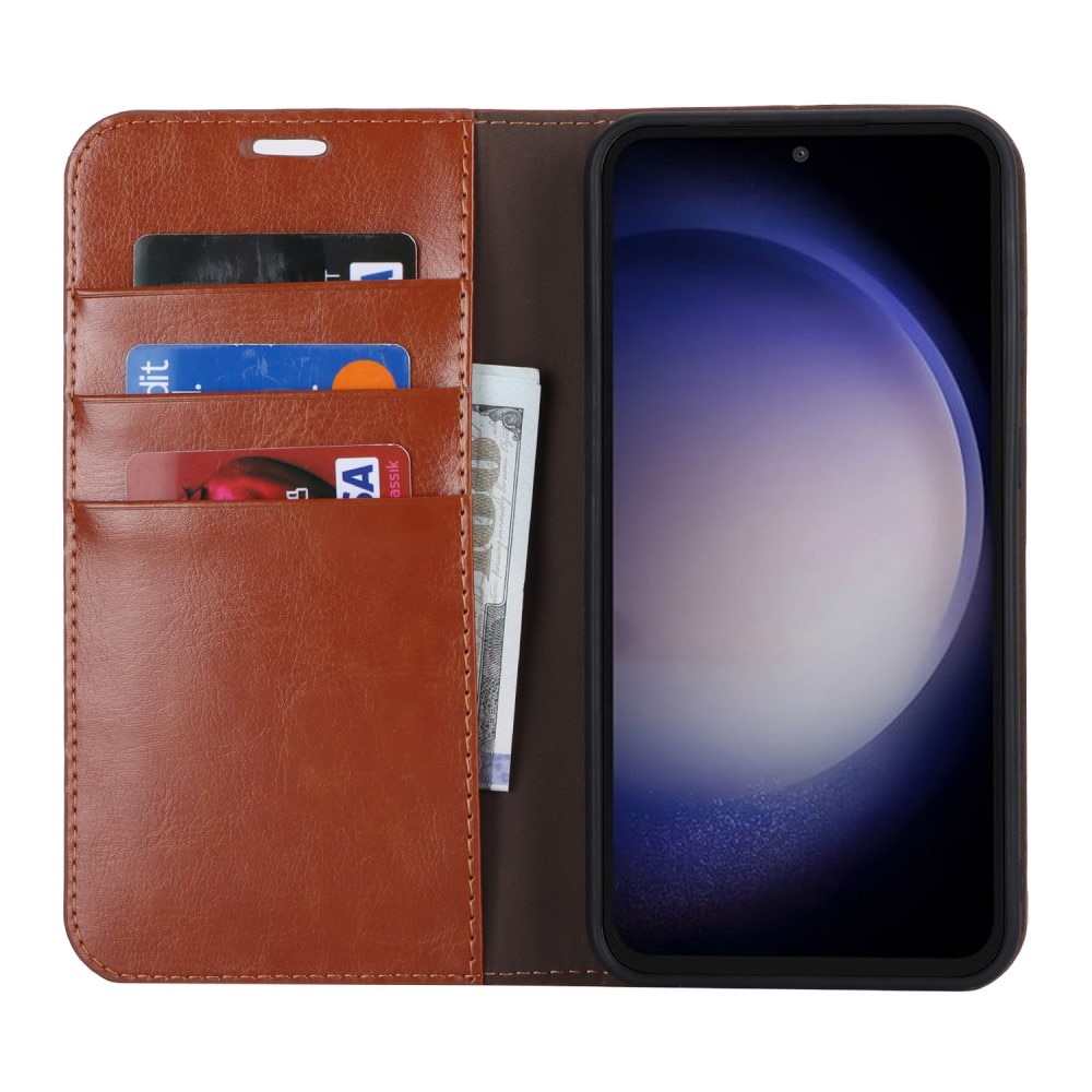 Coque portefeuille en cuir Veritable Samsung Galaxy S23 FE, Marron
