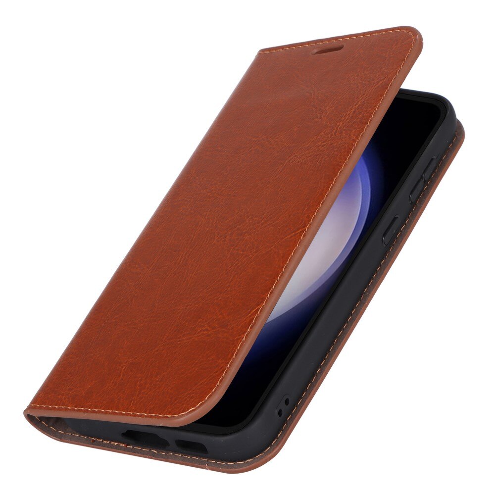 Coque portefeuille en cuir Veritable Samsung Galaxy S23 FE, marron