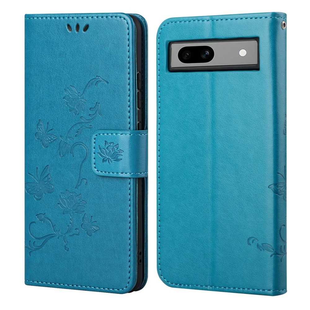 Étui en cuir à papillons pour Google Pixel 8a, Bleu