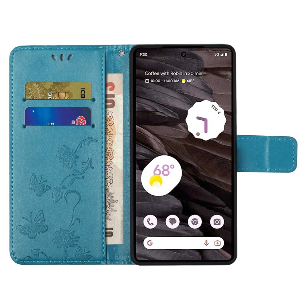 Étui en cuir à papillons pour Google Pixel 8a, Bleu