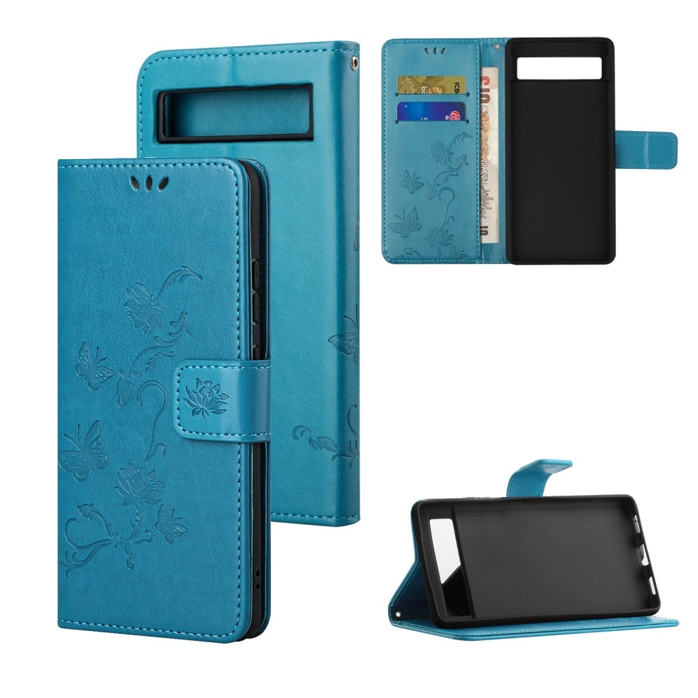 Étui en cuir à papillons pour Google Pixel 8a, Bleu