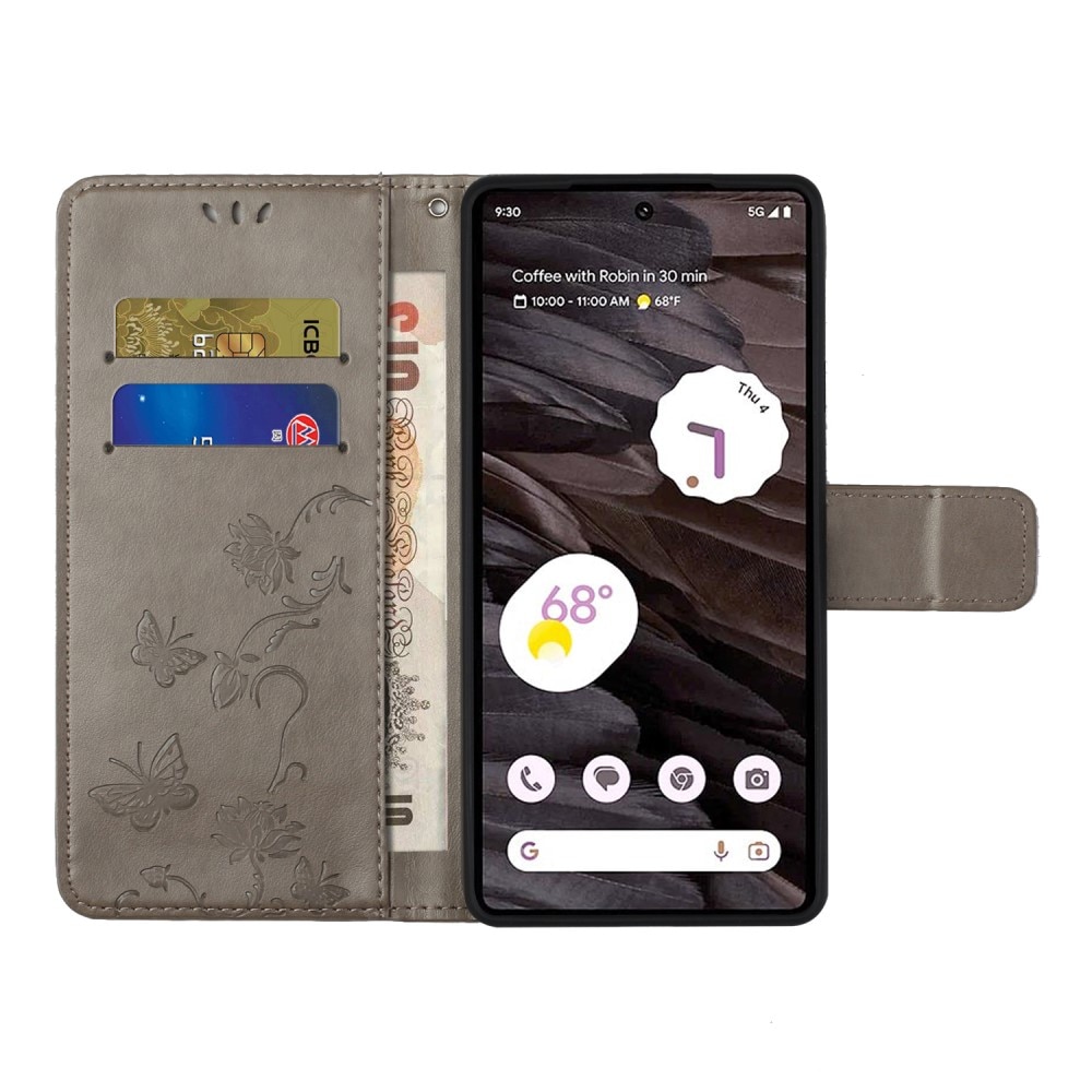 Étui en cuir à papillons pour Google Pixel 8a, Gris