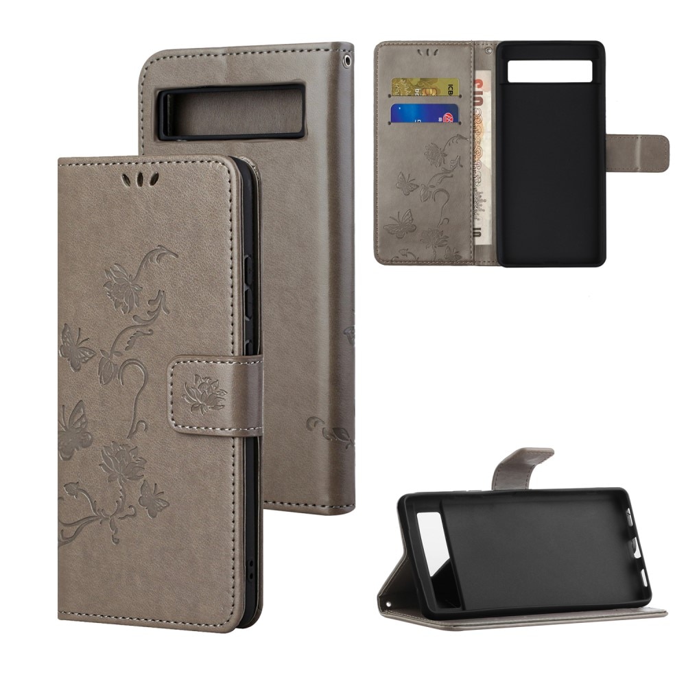 Étui en cuir à papillons pour Google Pixel 8a, Gris