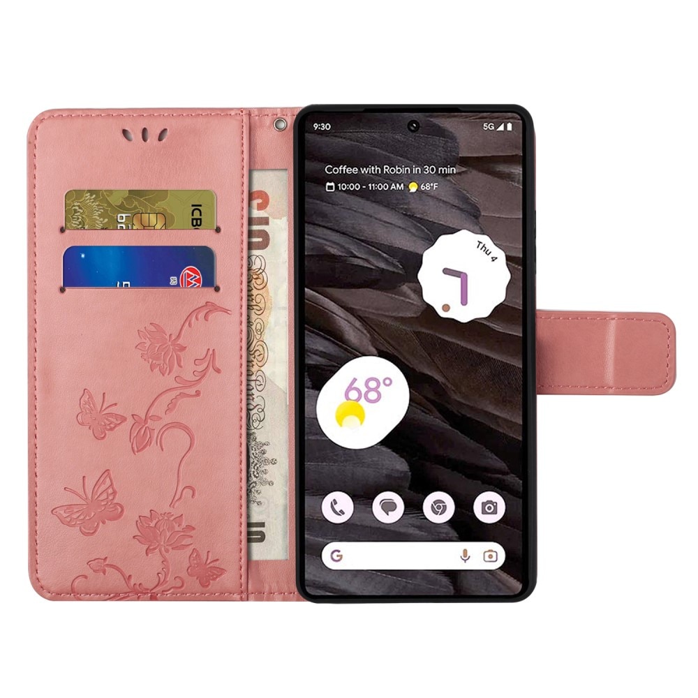 Étui en cuir à papillons pour Google Pixel 8a, Rose
