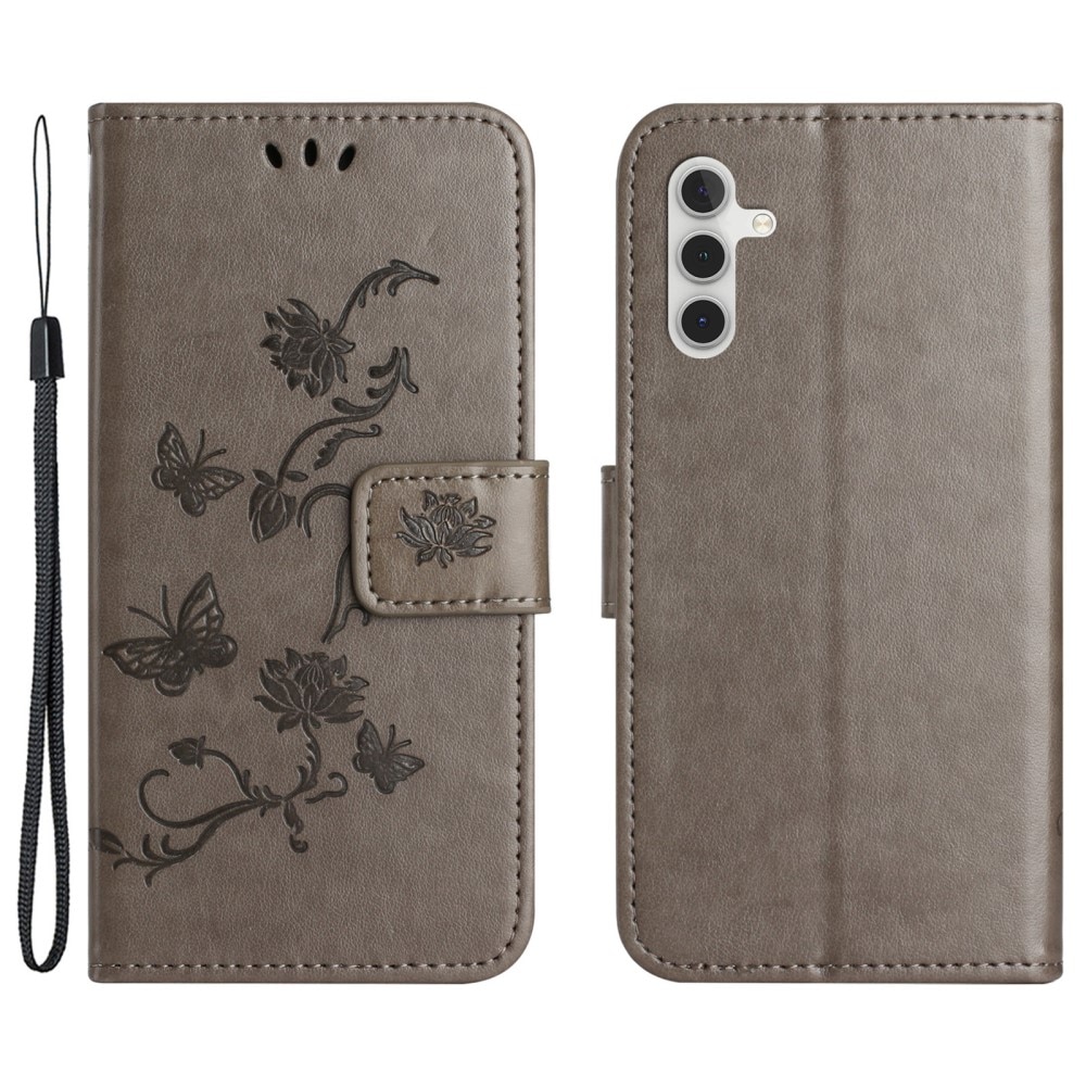 Étui en cuir à papillons pour Samsung Galaxy A35, Gris