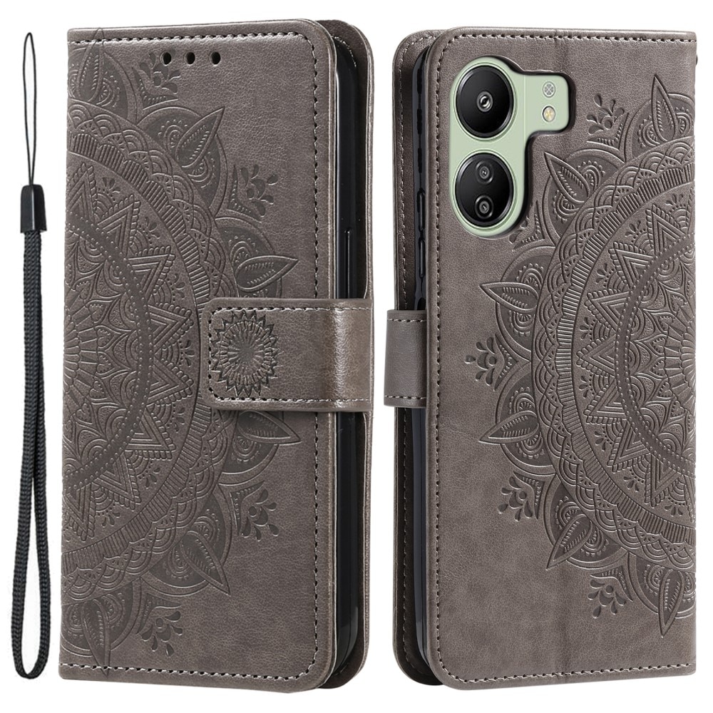 Étui en cuir Mandala Xiaomi Redmi 13C, gris