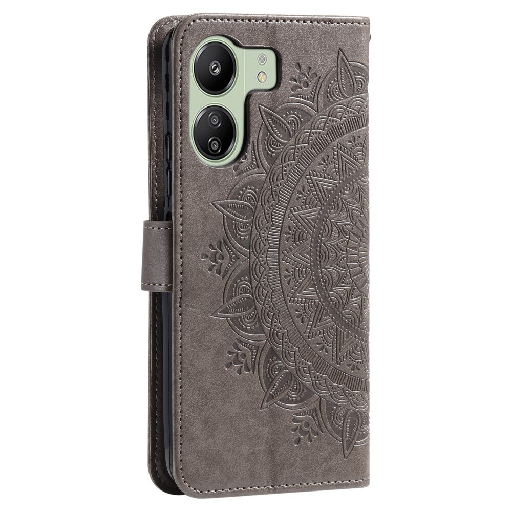 Étui en cuir Mandala Xiaomi Redmi 13C, gris