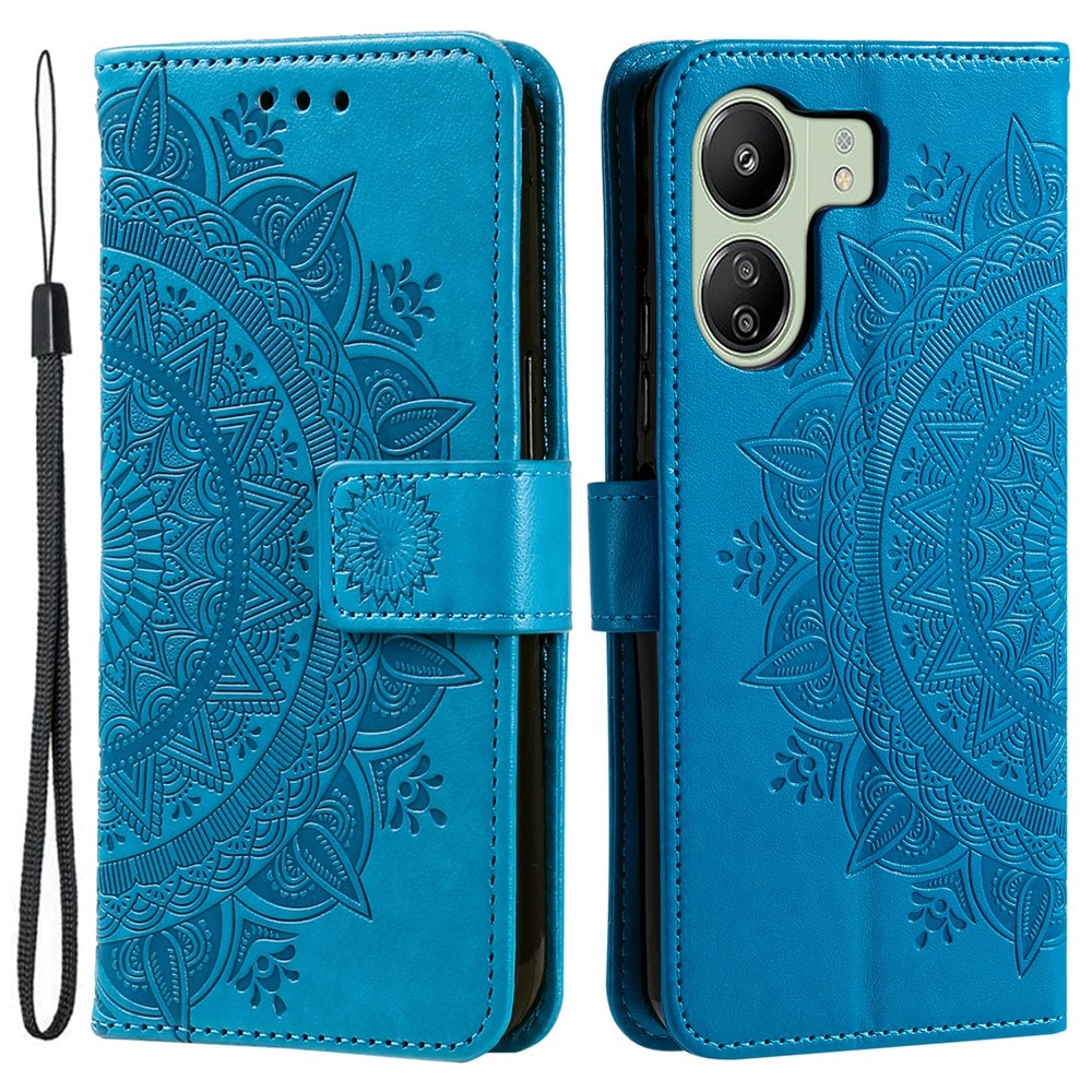 Étui en cuir Mandala Xiaomi Redmi 13C, bleu