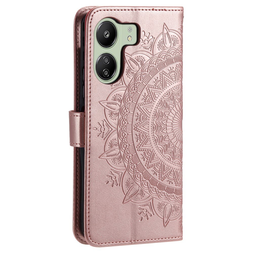 Étui en cuir Mandala Xiaomi Redmi 13C, or rose