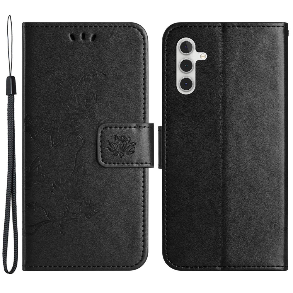 Étui en cuir à papillons pour Samsung Galaxy A55, Noir
