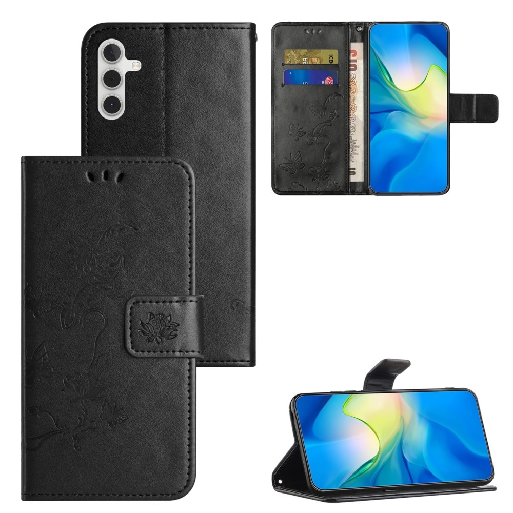 Étui en cuir à papillons pour Samsung Galaxy A55, Noir
