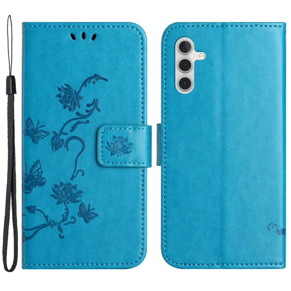 Étui en cuir à papillons pour Samsung Galaxy A55, Bleu